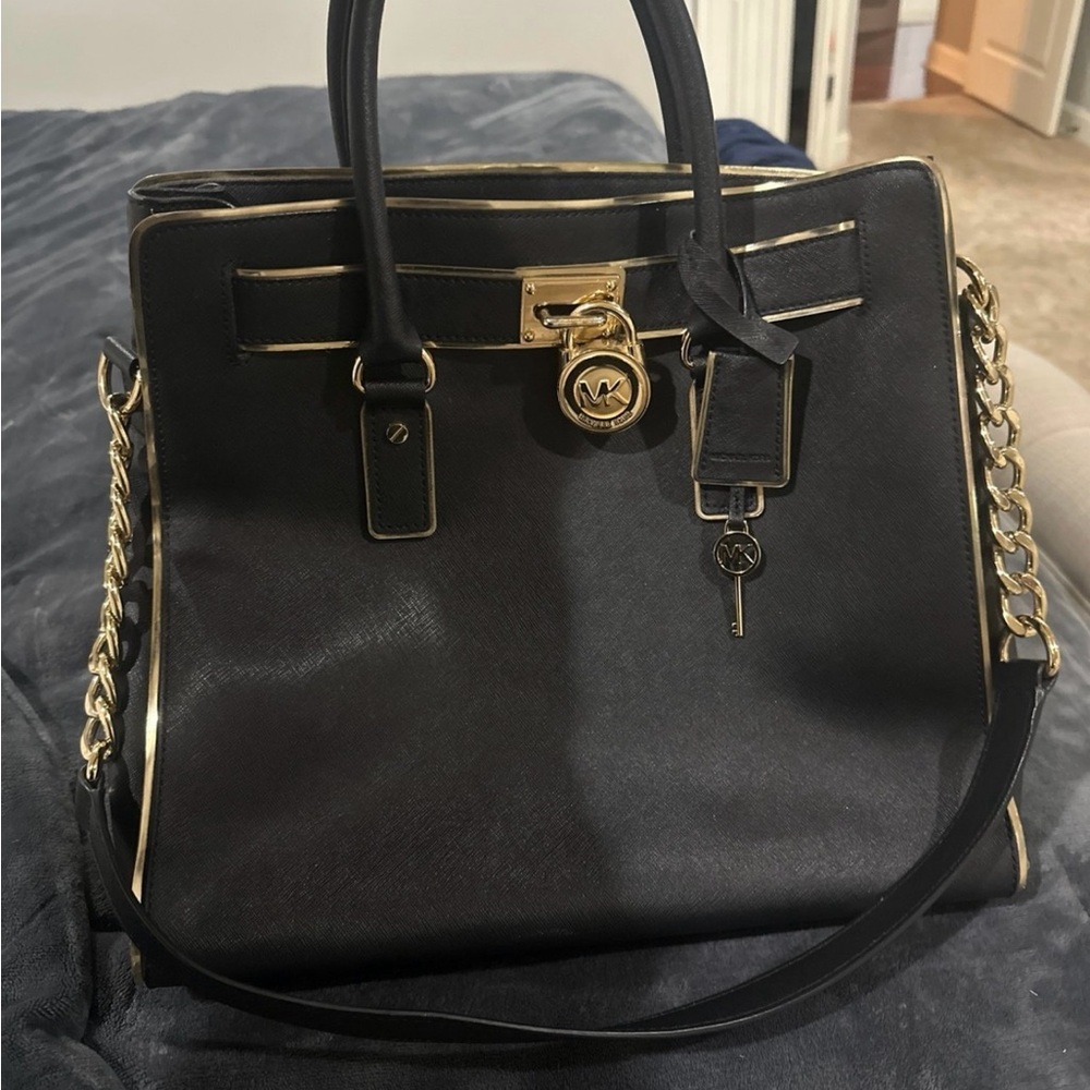 Michael Kors Large Brushed Leather Handbag Black and Gold